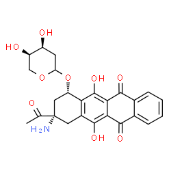 ChemSpider 2D Image | (1S,3S)-3-Acetyl-3-amino-5,12-dihydroxy-6,11-dioxo-1,2,3,4,6,11-hexahydro-1-tetracenyl 2-deoxy-D-erythro-pentopyranoside | C25H25NO9