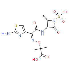 ChemSpider 2D Image | 2-({(Z)-[1-(2-Amino-1,3-thiazol-4-yl)-2-{[(2S,3R)-2-methyl-4-oxo-1-sulfo-3-azetidinyl]amino}-2-oxoethylidene]amino}oxy)-2-methylpropanoic acid | C13H17N5O8S2