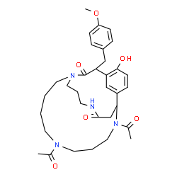 ChemSpider 2D Image | 6,10-Diacetyl-15-hydroxy-17-(4-methoxybenzyl)-1,6,10,22-tetraazatricyclo[9.7.6.1~12,16~]pentacosa-12(25),13,15-triene-18,23-dione | C33H44N4O6