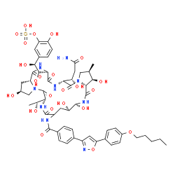 ChemSpider 2D Image | 5-[(1S,2S)-2-{(2S,6R,11R,12S,14aR,15R,16R,20R,23R,25aR)-20-[(1S)-3-Amino-1-hydroxy-3-oxopropyl]-2,11,12,15-tetrahydroxy-6-[(1R)-1-hydroxyethyl]-16-methyl-5,8,14,19,22,25-hexaoxo-9-[(4-{5-[4-(pentyloxy
)phenyl]-1,2-oxazol-3-yl}benzoyl)amino]tetracosahydro-1H-dipyrrolo[2,1-c:2',1'-l][1,4,7,10,13,16]hexaazacyclohenicosin-23-yl}-1,2-dihydroxyethyl]-2-hydroxyphenyl hydrogen sulfate | C56H71N9O23S