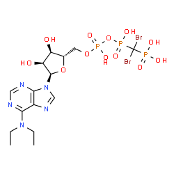 ChemSpider 2D Image | 9-{5-O-[({[Dibromo(phosphono)methyl](hydroxy)phosphoryl}oxy)(hydroxy)phosphoryl]-alpha-L-ribofuranosyl}-N,N-diethyl-9H-purin-6-amine | C15H24Br2N5O12P3