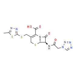 ChemSpider 2D Image | (6S,7R)-3-{[(5-Methyl-1,3,4-thiadiazol-2-yl)sulfanyl]methyl}-8-oxo-7-[(1H-tetrazol-1-ylacetyl)amino]-5-thia-1-azabicyclo[4.2.0]oct-2-ene-2-carboxylic acid | C14H14N8O4S3