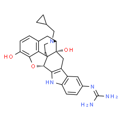 ChemSpider 2D Image | 2-[(1R,2R,13R,21R)-22-(Cyclopropylmethyl)-2,16-dihydroxy-14-oxa-11,22-diazaheptacyclo[13.9.1.0~1,13~.0~2,21~.0~4,12~.0~5,10~.0~19,25~]pentacosa-4(12),5,7,9,15(25),16,18-heptaen-7-yl]guanidine | C27H29N5O3