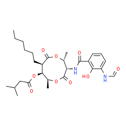 ChemSpider 2D Image | (2R,3S,6S,7S,8R)-3-[(3-Formamido-2-hydroxybenzoyl)amino]-8-hexyl-2,6-dimethyl-4,9-dioxo-1,5-dioxonan-7-yl 3-methylbutanoate | C28H40N2O9