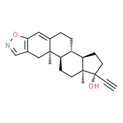 ChemSpider 2D Image | (1R,3aR,3bS,10aR,10bR,12aS)-1-Ethynyl-10a,12a-dimethyl-2,3,3a,3b,4,5,10,10a,10b,11,12,12a-dodecahydro-1H-cyclopenta[7,8]phenanthro[3,2-d][1,2]oxazol-1-ol | C22H27NO2