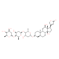 ChemSpider 2D Image | (3beta,5alpha,9beta,10alpha,12beta)-3-{[2,6-Dideoxy-beta-L-lyxo-hexopyranosyl-(1->4)-2,6-dideoxy-beta-L-lyxo-hexopyranosyl-(1->4)-2,6-dideoxy-beta-L-lyxo-hexopyranosyl]oxy}-12,14-dihydroxycard-20(22)-
enolide | C41H64O14
