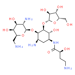 ChemSpider 2D Image | (2S)-4-Amino-N-[(1S,2R,3S,4R,5R)-5-amino-4-[(2,6-diamino-2,6-dideoxy-beta-L-galactopyranosyl)oxy]-2-hydroxy-3-(beta-L-xylofuranosyloxy)cyclohexyl]-2-hydroxybutanamide | C21H41N5O12