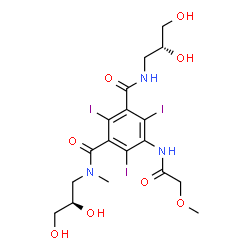 ChemSpider 2D Image | N,N'-Bis[(2R)-2,3-dihydroxypropyl]-2,4,6-triiodo-5-[(methoxyacetyl)amino]-N-methylisophthalamide | C18H24I3N3O8