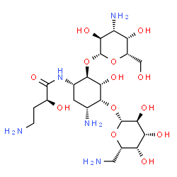 ChemSpider 2D Image | (2S)-4-Amino-N-{(1S,2R,3R,4R,5R)-5-amino-2-[(3-amino-3-deoxy-beta-L-galactopyranosyl)oxy]-4-[(6-amino-6-deoxy-beta-L-galactopyranosyl)oxy]-3-hydroxycyclohexyl}-2-hydroxybutanamide | C22H43N5O13