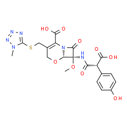 ChemSpider 2D Image | (6S,7S)-7-{[(2R)-2-Carboxy-2-(4-hydroxyphenyl)acetyl]amino}-7-methoxy-3-{[(1-methyl-1H-tetrazol-5-yl)sulfanyl]methyl}-8-oxo-5-oxa-1-azabicyclo[4.2.0]oct-2-ene-2-carboxylic acid | C20H20N6O9S