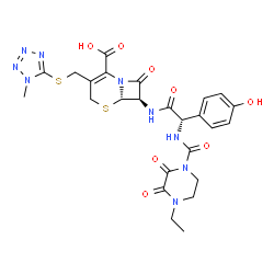 ChemSpider 2D Image | (6S,7R)-7-{[(2S)-2-{[(4-Ethyl-2,3-dioxo-1-piperazinyl)carbonyl]amino}-2-(4-hydroxyphenyl)acetyl]amino}-3-{[(1-methyl-1H-tetrazol-5-yl)sulfanyl]methyl}-8-oxo-5-thia-1-azabicyclo[4.2.0]oct-2-ene-2-carbo
xylic acid | C25H27N9O8S2