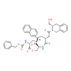 ChemSpider 2D Image | Benzyl [(3S,6R,11R)-6-{2-[(3S)-3-(hydroxymethyl)-3,4-dihydro-2(1H)-isoquinolinyl]-2-oxoethyl}-3-(2-naphthylcarbamoyl)-5,12-dioxo-1-oxa-4-azacyclododec-8-en-11-yl]carbamate | C41H42N4O8