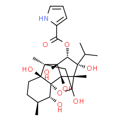 ChemSpider 2D Image | (1R,2R,3S,6S,7S,10S,11R,12R,13S,14R)-2,6,9,11,13,14-Hexahydroxy-11-isopropyl-3,7,10-trimethyl-15-oxapentacyclo[7.5.1.0~1,6~.0~7,13~.0~10,14~]pentadec-12-yl 1H-pyrrole-2-carboxylate | C25H35NO9