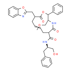 ChemSpider 2D Image | 11-(1,3-Benzoxazol-2-ylmethyl)-N-[(2R)-1-hydroxy-3-phenyl-2-propanyl]-3-(methoxymethyl)-5,12-dioxo-2-phenyl-1-oxa-4-azacyclododec-8-ene-6-carboxamide | C36H39N3O7
