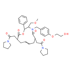 ChemSpider 2D Image | 4-[4-(2-Hydroxyethoxy)benzyl]-3-(methoxymethyl)-6,11-bis[2-oxo-2-(1-pyrrolidinyl)ethyl]-2-phenyl-1-oxa-4-azacyclododec-8-ene-5,12-dione | C39H51N3O8
