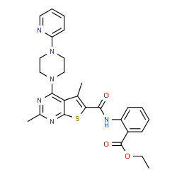 ChemSpider 2D Image | Ethyl 2-[({2,5-dimethyl-4-[4-(2-pyridinyl)-1-piperazinyl]thieno[2,3-d]pyrimidin-6-yl}carbonyl)amino]benzoate | C27H28N6O3S