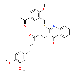 ChemSpider 2D Image | 3-{2-[(5-Acetyl-2-methoxybenzyl)sulfanyl]-4-oxo-3(4H)-quinazolinyl}-N-[2-(3,4-dimethoxyphenyl)ethyl]propanamide | C31H33N3O6S