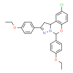 ChemSpider 2D Image | 9-Chloro-2,5-bis(4-ethoxyphenyl)-1,10b-dihydropyrazolo[1,5-c][1,3]benzoxazine | C26H25ClN2O3