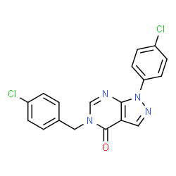 ChemSpider 2D Image | 5-(4-Chlorobenzyl)-1-(4-chlorophenyl)-1,5-dihydro-4H-pyrazolo[3,4-d]pyrimidin-4-one | C18H12Cl2N4O