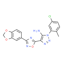 ChemSpider 2D Image | 4-[3-(1,3-Benzodioxol-5-yl)-1,2,4-oxadiazol-5-yl]-1-(5-chloro-2-methylphenyl)-1H-1,2,3-triazol-5-amine | C18H13ClN6O3