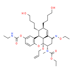 ChemSpider 2D Image | (1R,2R,6S,6aS,11bS,11cS)-6a-(Allyloxy)-6-[(ethoxycarbonyl)(methyl)amino]-4-(ethoxyimino)-1,2-bis(4-hydroxybutyl)-1,2,4,5,6,6a,11b,11c-octahydrobenzo[kl]xanthen-10-yl ethylcarbamate | C36H53N3O9