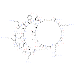 ChemSpider 2D Image | {(1R,4S,7S,13S,16R,21R,24S,27S,30S,33S,36S,39S,42R,45S,48S,54S,60S,63R,68S,71S,77S)-63-Amino-13,45,54,60-tetrakis(4-aminobutyl)-4,36-bis(3-carbamimidamidopropyl)-16-carbamoyl-27-(4-hydroxybenzyl)-71-[
(1R)-1-hydroxyethyl]-7,39,77-tris(hydroxymethyl)-33-isobutyl-48-methyl-30-[2-(methylsulfanyl)ethyl]-2,5,8,11,14,23,26,29,32,35,38,41,44,47,50,53,56,59,62,69,72,75,78,85-tetracosaoxo-18,19,65,66,81,82-
hexathia-3,6,9,12,15,22,25,28,31,34,37,40,43,46,49,52,55,58,61,70,73,76,79,84-tetracosaazatricyclo[40.37.4.2~21,68~]pentaoctacont-24-yl}acetic acid | C102H172N36O32S7