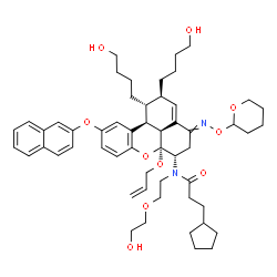 ChemSpider 2D Image | N-{(1R,2R,6S,6aS,11bS,11cS)-6a-(Allyloxy)-1,2-bis(4-hydroxybutyl)-10-(2-naphthyloxy)-4-[(tetrahydro-2H-pyran-2-yloxy)imino]-1,2,4,5,6,6a,11b,11c-octahydrobenzo[kl]xanthen-6-yl}-3-cyclopentyl-N-[2-(2-h
ydroxyethoxy)ethyl]propanamide | C54H72N2O10