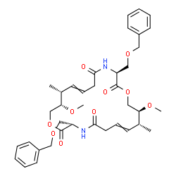 ChemSpider 2D Image | (3S,9R,10S,14S,20R,21S)-3,14-Bis[(benzyloxy)methyl]-10,21-dimethoxy-9,20-dimethyl-1,12-dioxa-4,15-diazacyclodocosa-7,18-diene-2,5,13,16-tetrone | C38H50N2O10