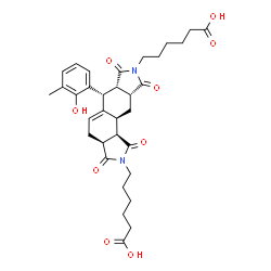 ChemSpider 2D Image | 6,6'-[(3aS,6R,6aS,9aR,10aS,10bR)-6-(2-Hydroxy-3-methylphenyl)-1,3,7,9-tetraoxo-1,3,3a,4,6,6a,7,9,9a,10,10a,10b-dodecahydroisoindolo[5,6-e]isoindole-2,8-diyl]dihexanoic acid | C33H40N2O9