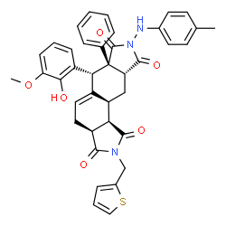 ChemSpider 2D Image | (3aS,6R,6aS,9aR,10aS,10bR)-6-(2-Hydroxy-3-methoxyphenyl)-8-[(4-methylphenyl)amino]-6a-phenyl-2-(2-thienylmethyl)-3a,4,6,6a,9a,10,10a,10b-octahydroisoindolo[5,6-e]isoindole-1,3,7,9(2H,8H)-tetrone | C39H35N3O6S