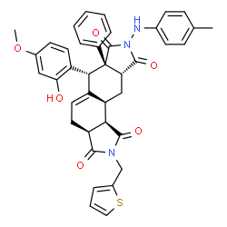 ChemSpider 2D Image | (3aS,6R,6aS,9aR,10aS,10bR)-6-(2-Hydroxy-4-methoxyphenyl)-8-[(4-methylphenyl)amino]-6a-phenyl-2-(2-thienylmethyl)-3a,4,6,6a,9a,10,10a,10b-octahydroisoindolo[5,6-e]isoindole-1,3,7,9(2H,8H)-tetrone | C39H35N3O6S