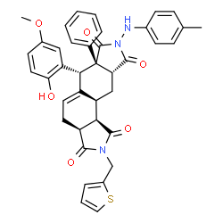 ChemSpider 2D Image | (3aS,6R,6aS,9aR,10aS,10bR)-6-(2-Hydroxy-5-methoxyphenyl)-8-[(4-methylphenyl)amino]-6a-phenyl-2-(2-thienylmethyl)-3a,4,6,6a,9a,10,10a,10b-octahydroisoindolo[5,6-e]isoindole-1,3,7,9(2H,8H)-tetrone | C39H35N3O6S