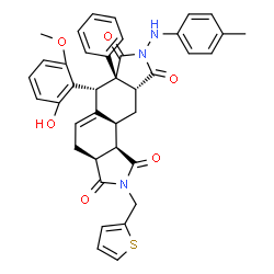 ChemSpider 2D Image | (3aS,6R,6aS,9aR,10aS,10bR)-6-(2-Hydroxy-6-methoxyphenyl)-8-[(4-methylphenyl)amino]-6a-phenyl-2-(2-thienylmethyl)-3a,4,6,6a,9a,10,10a,10b-octahydroisoindolo[5,6-e]isoindole-1,3,7,9(2H,8H)-tetrone | C39H35N3O6S