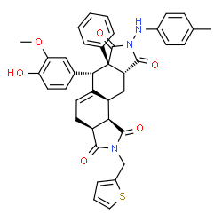ChemSpider 2D Image | (3aS,6R,6aS,9aR,10aS,10bR)-6-(4-Hydroxy-3-methoxyphenyl)-8-[(4-methylphenyl)amino]-6a-phenyl-2-(2-thienylmethyl)-3a,4,6,6a,9a,10,10a,10b-octahydroisoindolo[5,6-e]isoindole-1,3,7,9(2H,8H)-tetrone | C39H35N3O6S