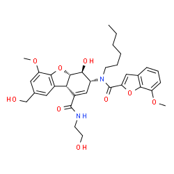 ChemSpider 2D Image | (3R,4S,4aS,9bS)-3-{Hexyl[(7-methoxy-1-benzofuran-2-yl)carbonyl]amino}-4-hydroxy-N-(2-hydroxyethyl)-8-(hydroxymethyl)-6-methoxy-3,4,4a,9b-tetrahydrodibenzo[b,d]furan-1-carboxamide | C33H40N2O9