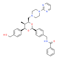 ChemSpider 2D Image | N-{4-[(2S,4R,5R,6S)-4-[4-(Hydroxymethyl)phenyl]-5-methyl-6-{[4-(2-pyrimidinyl)-1-piperazinyl]methyl}-1,3-dioxan-2-yl]benzyl}benzamide | C35H39N5O4