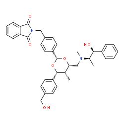 ChemSpider 2D Image | 2-{4-[(2S,4R,5R,6S)-4-[4-(Hydroxymethyl)phenyl]-6-({[(1S,2R)-1-hydroxy-1-phenyl-2-propanyl](methyl)amino}methyl)-5-methyl-1,3-dioxan-2-yl]benzyl}-1H-isoindole-1,3(2H)-dione | C38H40N2O6