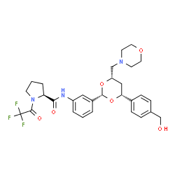 ChemSpider 2D Image | N-{3-[(2S,4R,6S)-4-[4-(Hydroxymethyl)phenyl]-6-(4-morpholinylmethyl)-1,3-dioxan-2-yl]phenyl}-1-(trifluoroacetyl)-L-prolinamide | C29H34F3N3O6