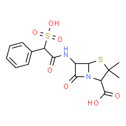 ChemSpider 2D Image | 3,3-Dimethyl-7-oxo-6-(2-phenyl-2-sulfoacetamido)-4-thia-1-azabicyclo(3.2.0)heptane-2-carboxylic acid | C16H18N2O7S2