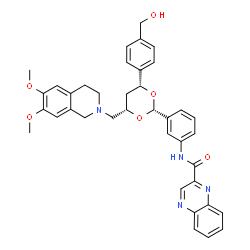 ChemSpider 2D Image | N-(3-{(2S,4S,6R)-4-[(6,7-Dimethoxy-3,4-dihydro-2(1H)-isoquinolinyl)methyl]-6-[4-(hydroxymethyl)phenyl]-1,3-dioxan-2-yl}phenyl)-2-quinoxalinecarboxamide | C38H38N4O6