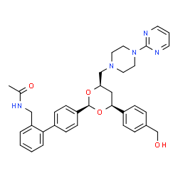 ChemSpider 2D Image | N-({4'-[(2R,4S,6R)-4-[4-(Hydroxymethyl)phenyl]-6-{[4-(2-pyrimidinyl)-1-piperazinyl]methyl}-1,3-dioxan-2-yl]-2-biphenylyl}methyl)acetamide | C35H39N5O4
