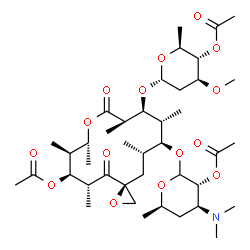 ChemSpider 2D Image | (3S,5R,6S,7S,8R,11R,12S,13R,14S,15S)-12-[(4-O-Acetyl-2,6-dideoxy-3-O-methyl-alpha-L-arabino-hexopyranosyl)oxy]-14-{[2-O-acetyl-3,4,6-trideoxy-3-(dimethylamino)-D-xylo-hexopyranosyl]oxy}-5,7,8,11,13,15
-hexamethyl-4,10-dioxo-1,9-dioxaspiro[2.13]hexadec-6-yl acetate | C41H67NO15
