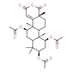 ChemSpider 2D Image | (4bR,5R,8R,10S,10aS,12aR)-4b,7,7,10a,12a-Pentamethyl-1,3-dioxo-3,4b,5,6,6a,7,8,9,10,10a,10b,11,12,12a-tetradecahydro-1H-naphtho[2,1-f]isochromene-5,8,10-triyl triacetate | C28H38O9