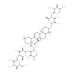 ChemSpider 2D Image | beta-D-Glucopyranosyl-(1->4)-6-deoxy-L-mannopyranosyl-(1->2)-1-O-[(3beta,5xi,9xi,18xi)-3-{[6-deoxy-4-O-(beta-D-xylopyranosyl)-L-mannopyranosyl]oxy}-16-hydroxy-28-oxoolean-12-en-28-yl]-alpha-L-lyxopyra
nose | C58H94O25