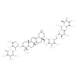 ChemSpider 2D Image | 6-Deoxy-L-mannopyranosyl-(1->4)-beta-D-glucopyranosyl-(1->6)-1-O-[(3beta,5xi,9xi,18xi)-3-{[2-O-(6-deoxy-L-mannopyranosyl)-L-arabinopyranosyl]oxy}-23-hydroxy-28-oxoolean-12-en-28-yl]-beta-D-glucopyrano
se | C59H96O26