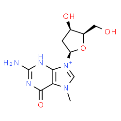 ChemSpider 2D Image | 2-Amino-9-(2-deoxy-beta-D-threo-pentofuranosyl)-7-methyl-6-oxo-6,7-dihydro-3H-purin-9-ium | C11H16N5O4