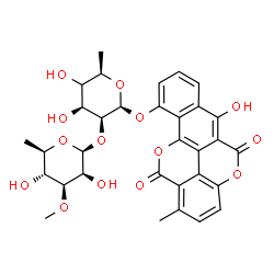ChemSpider 2D Image | 6-Hydroxy-1-methyl-5,12-dioxo-5,12-dihydrobenzo[h]chromeno[5,4,3-cde]chromen-10-yl (4xi)-6-deoxy-2-O-(6-deoxy-3-O-methyl-beta-D-mannopyranosyl)-beta-D-lyxo-hexopyranoside | C32H32O14