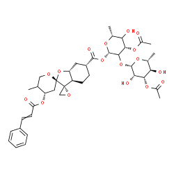 ChemSpider 2D Image | 3-O-Acetyl-2-O-(3-O-acetyl-6-deoxy-beta-D-mannopyranosyl)-1-O-{[(2R,2'S,3a'R,4''S,6'R,7a'R)-4''-(cinnamoyloxy)-5''-methyldecahydrodispiro[oxirane-2,3'-[1]benzofuran-2',2''-pyran]-6'-yl]carbonyl}-6-deo
xy-beta-D-threo-hexopyranose | C40H52O17
