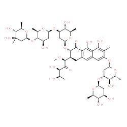 ChemSpider 2D Image | (1S)-5-Deoxy-1-C-[(2S,3S)-7-{[2,6-dideoxy-3-O-(2,6-dideoxy-beta-D-arabino-hexopyranosyl)-beta-D-arabino-hexopyranosyl]oxy}-3-{[2,6-dideoxy-3-C-methyl-beta-D-arabino-hexopyranosyl-(1->4)-2,6-dideoxy-be
ta-D-arabino-hexopyranosyl-(1->3)-2,6-dideoxy-beta-D-arabino-hexopyranosyl]oxy}-5,10-dihydroxy-6-methyl-4-oxo-1,2,3,4-tetrahydro-2-anthracenyl]-1-O-methyl-D-ribulose | C52H76O24