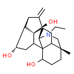 ChemSpider 2D Image | (4S,7R,8R,10R,13R)-11-Ethyl-13-methyl-6-methylene-11-azahexacyclo[7.7.2.1~5,8~.0~1,10~.0~2,8~.0~13,17~]nonadecane-4,7,16-triol | C22H33NO3